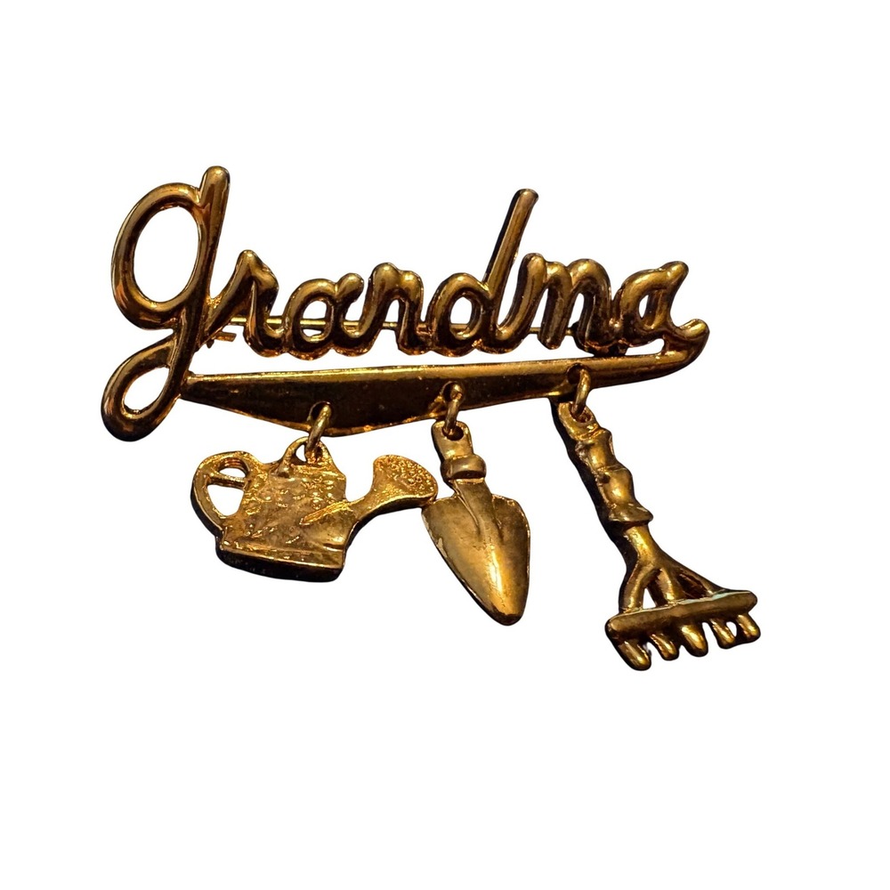 Grandma Garden Tool Charm Brooch Pin Gold Tone Women Jewelry Gift